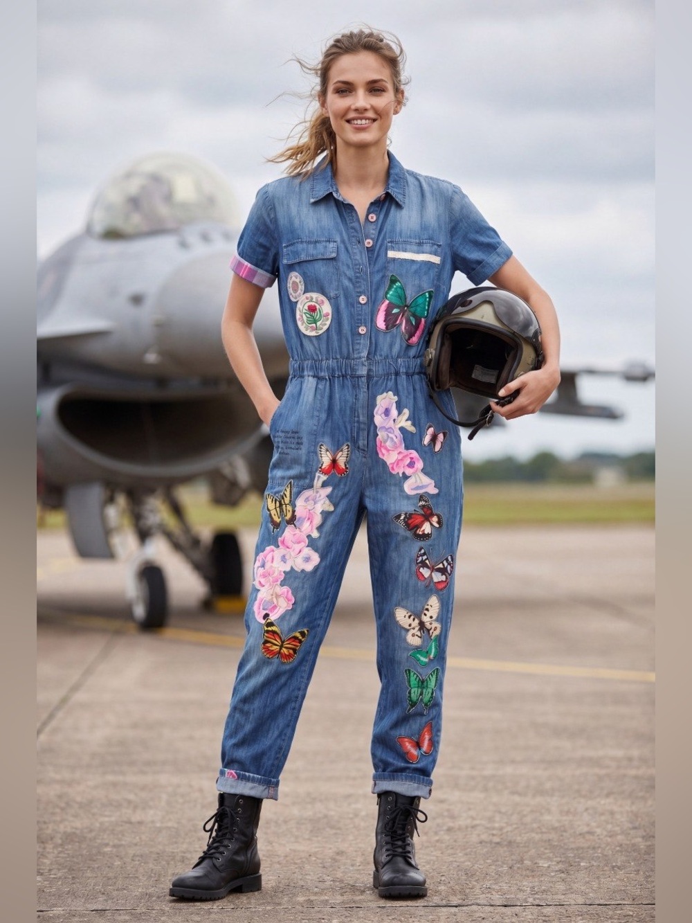 Shabby chic “Born to fly” Jumpsuit with Butterfly and Floral Accents